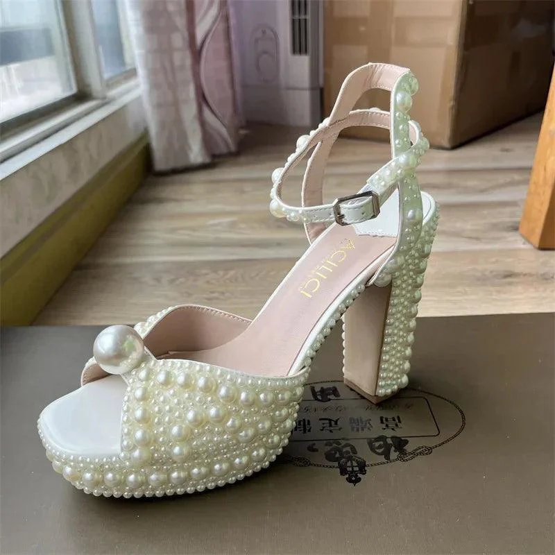 Handmade Pearl Thick Heeled Fish Mouth Women's Shoes - Glova