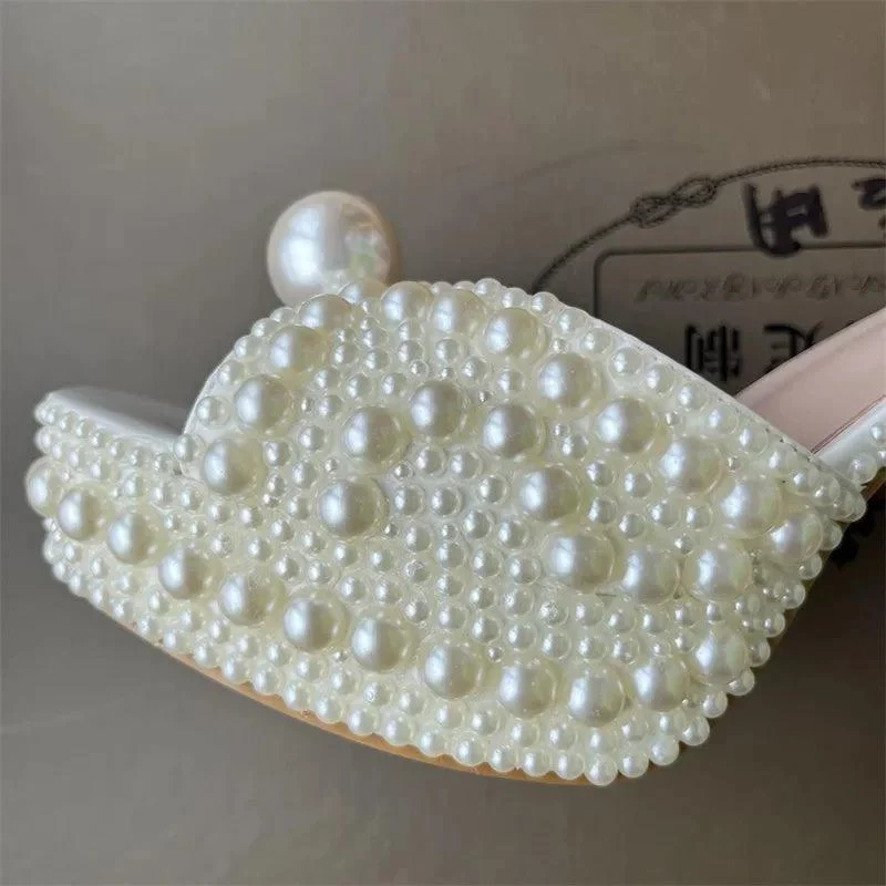 Handmade Pearl Thick Heeled Fish Mouth Women's Shoes - Glova