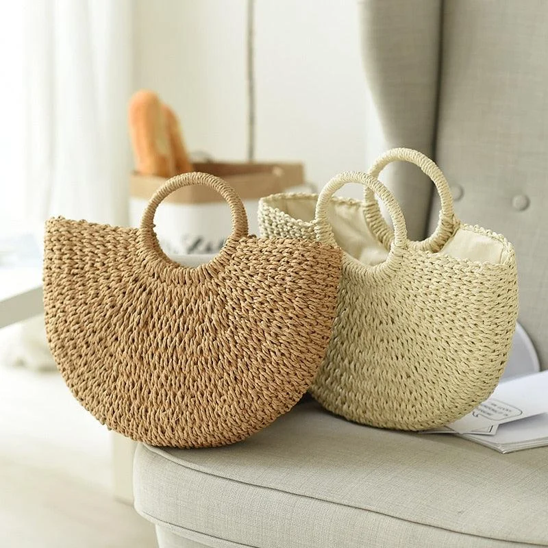 Handmade Weaving Straw Moon shaped Top Handle Handbag - Glova