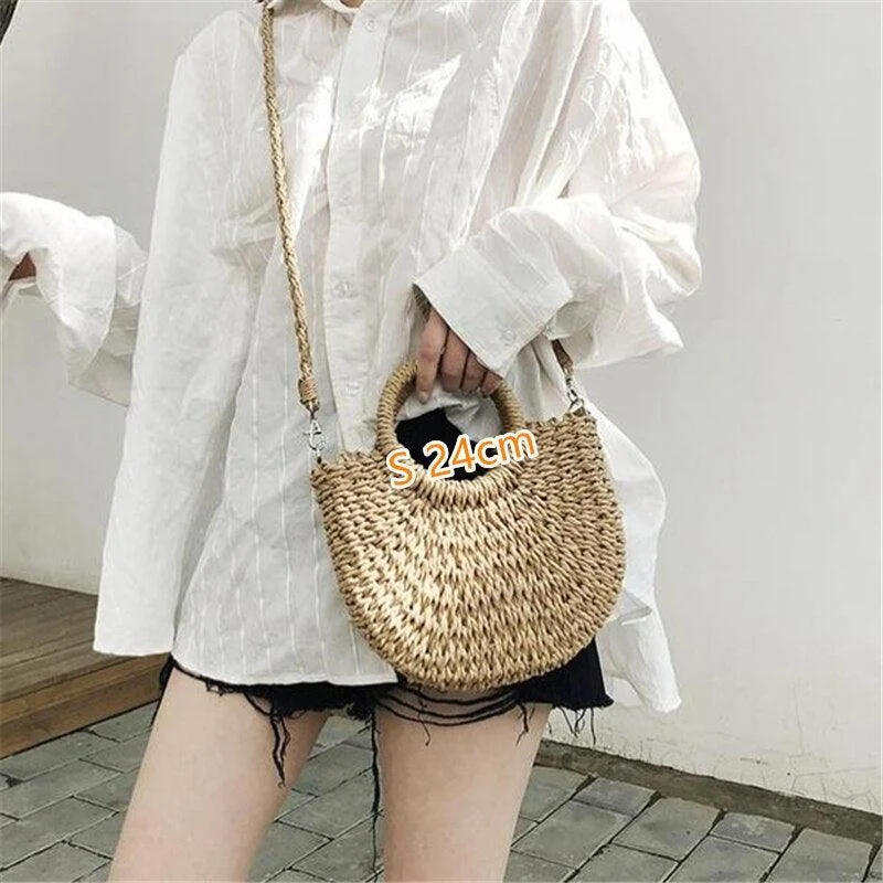 Handmade Weaving Straw Moon shaped Top Handle Handbag - Glova