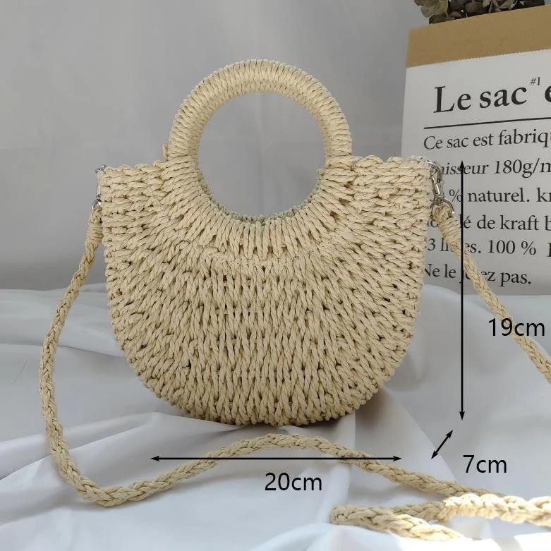 Handmade Weaving Straw Moon shaped Top Handle Handbag - Glova