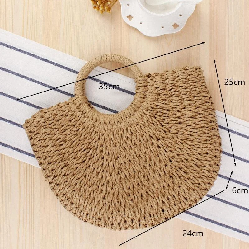 Handmade Weaving Straw Moon shaped Top Handle Handbag - Glova