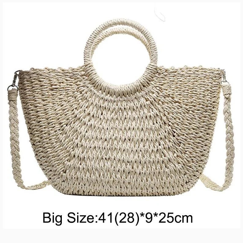 Handmade Weaving Straw Moon shaped Top Handle Handbag - Glova