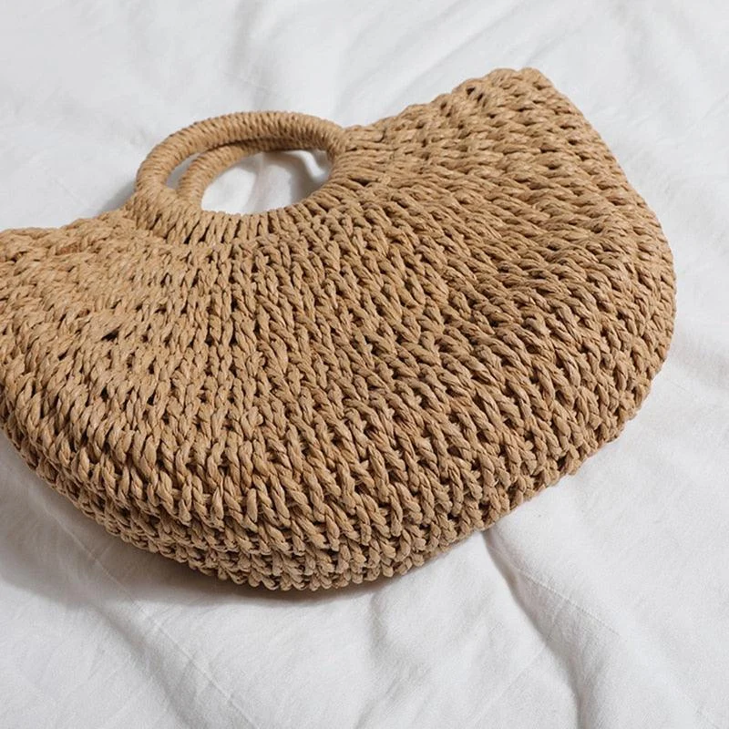 Handmade Weaving Straw Moon shaped Top Handle Handbag - Glova