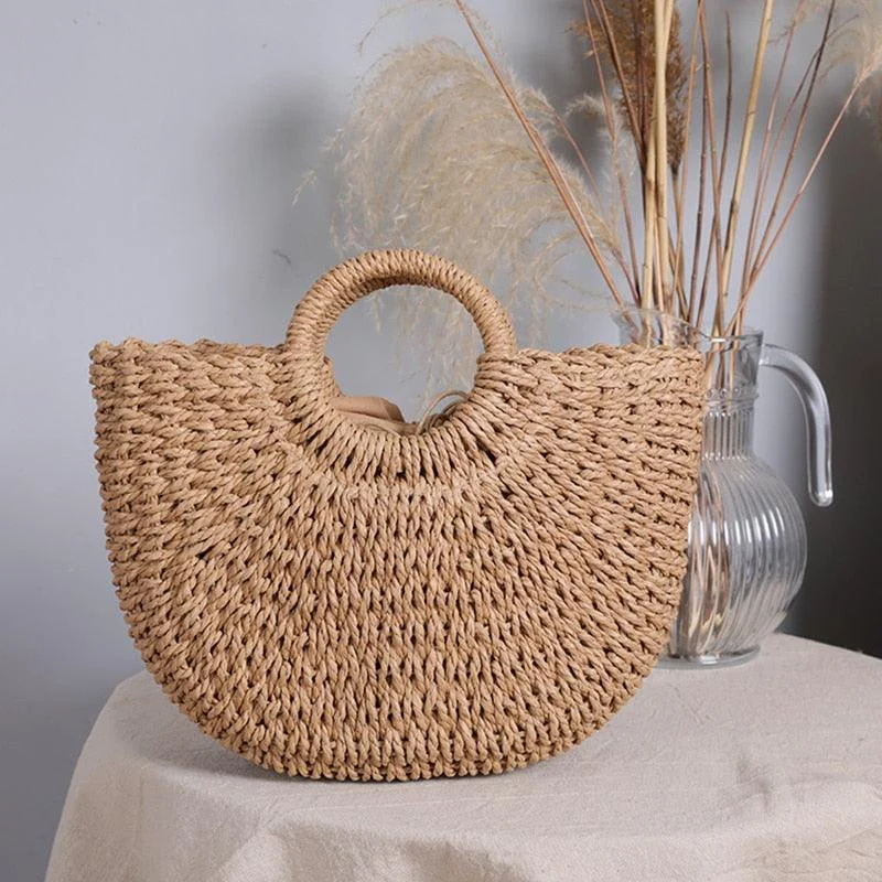 Handmade Weaving Straw Moon shaped Top Handle Handbag - Glova