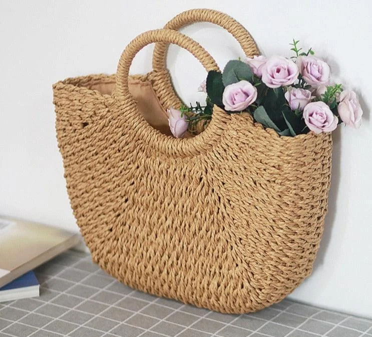 Handmade Weaving Straw Moon shaped Top Handle Handbag - Glova