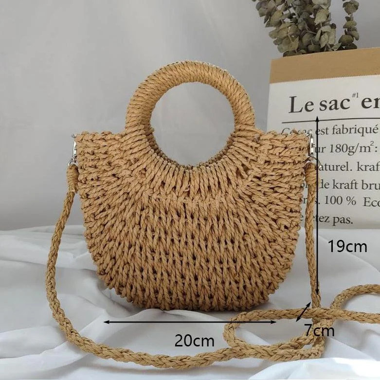 Handmade Weaving Straw Moon shaped Top Handle Handbag - Glova