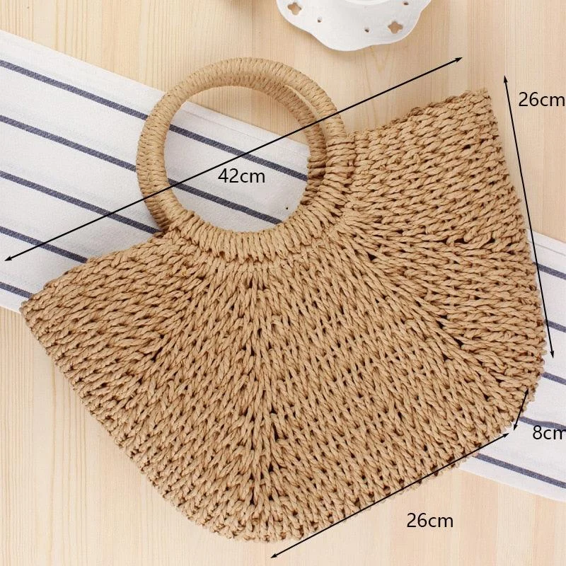 Handmade Weaving Straw Moon shaped Top Handle Handbag - Glova