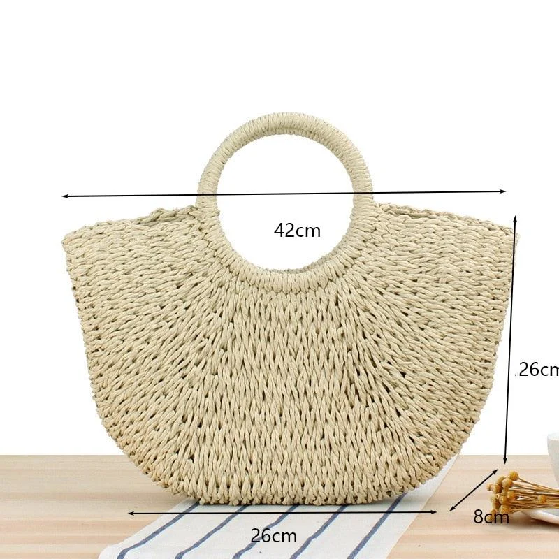 Handmade Weaving Straw Moon shaped Top Handle Handbag - Glova