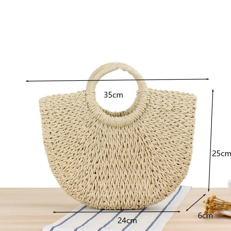 Handmade Weaving Straw Moon shaped Top Handle Handbag - Glova