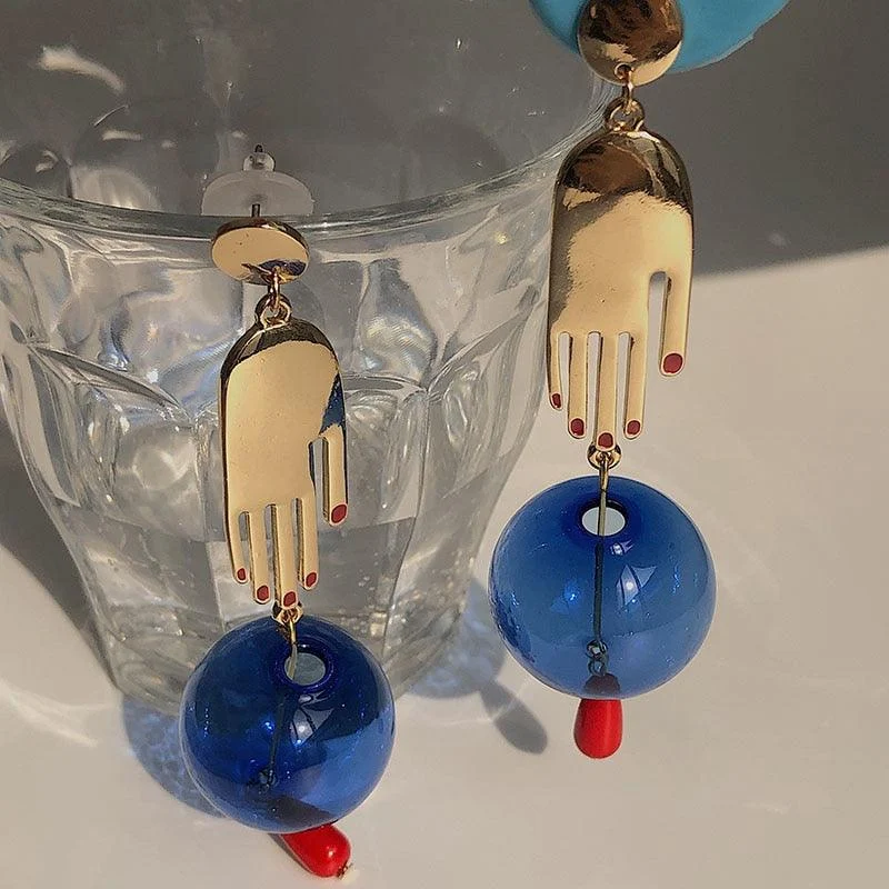 Hands & Blue Glass Ball Drop Earrings - Glova