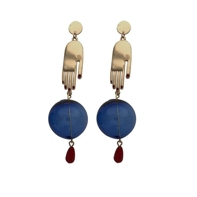 Hands & Blue Glass Ball Drop Earrings - Glova