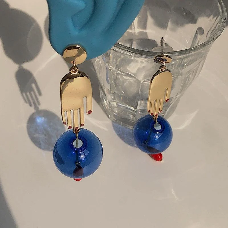 Hands & Blue Glass Ball Drop Earrings - Glova