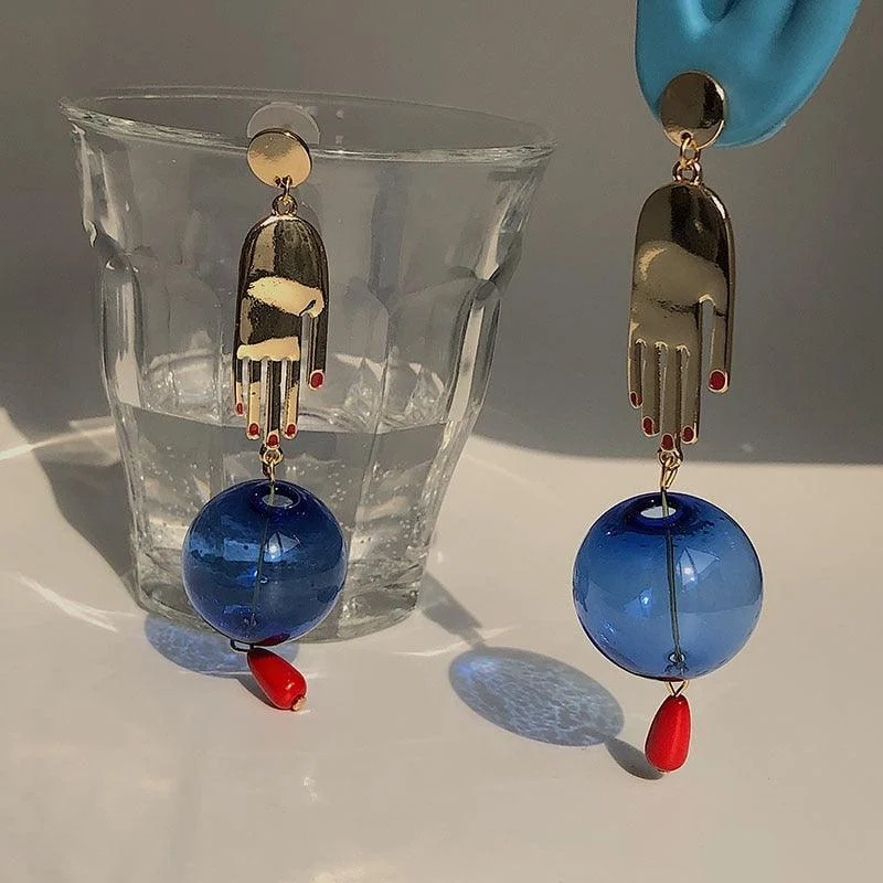 Hands & Blue Glass Ball Drop Earrings - Glova