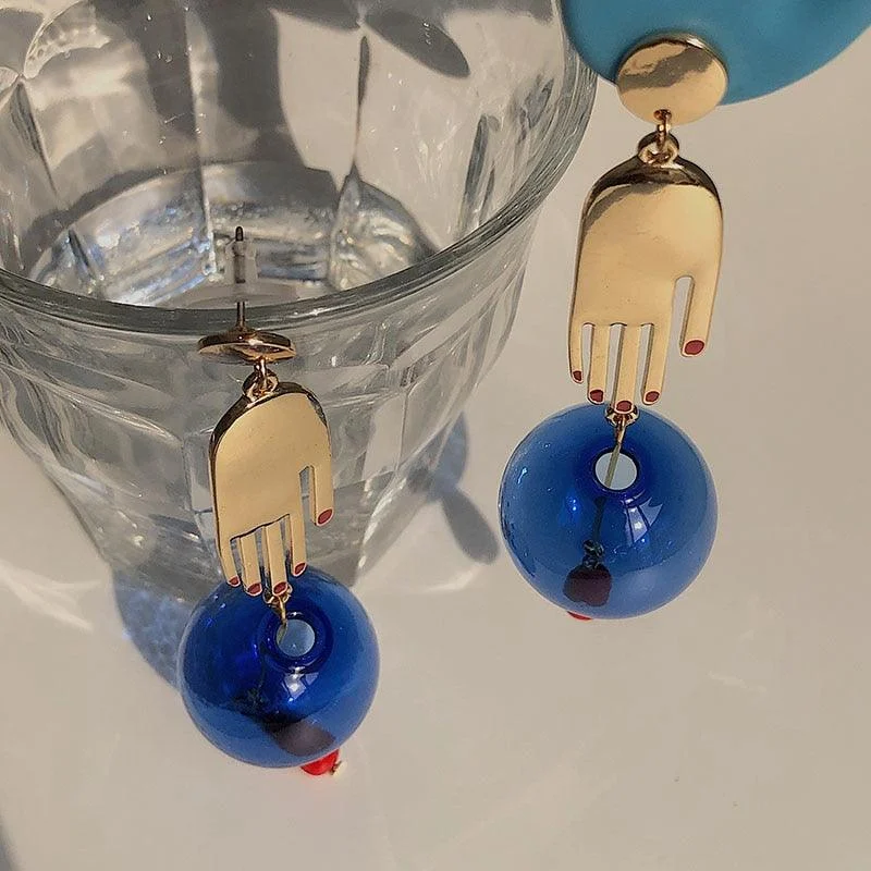 Hands & Blue Glass Ball Drop Earrings - Glova