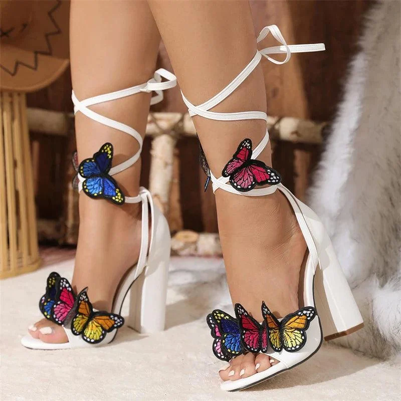 Handwork Butterfly Lace Up Platform Heels Party Dress Shoes - Glova