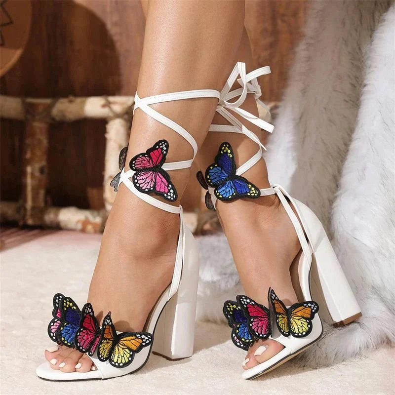 Handwork Butterfly Lace Up Platform Heels Party Dress Shoes - Glova