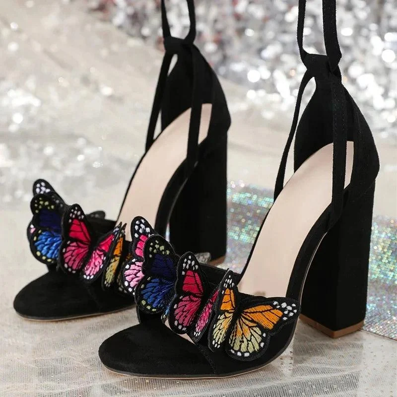 Handwork Butterfly Lace Up Platform Heels Party Dress Shoes - Glova