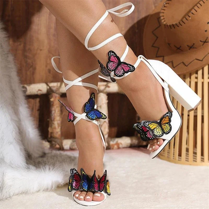 Handwork Butterfly Lace Up Platform Heels Party Dress Shoes - Glova