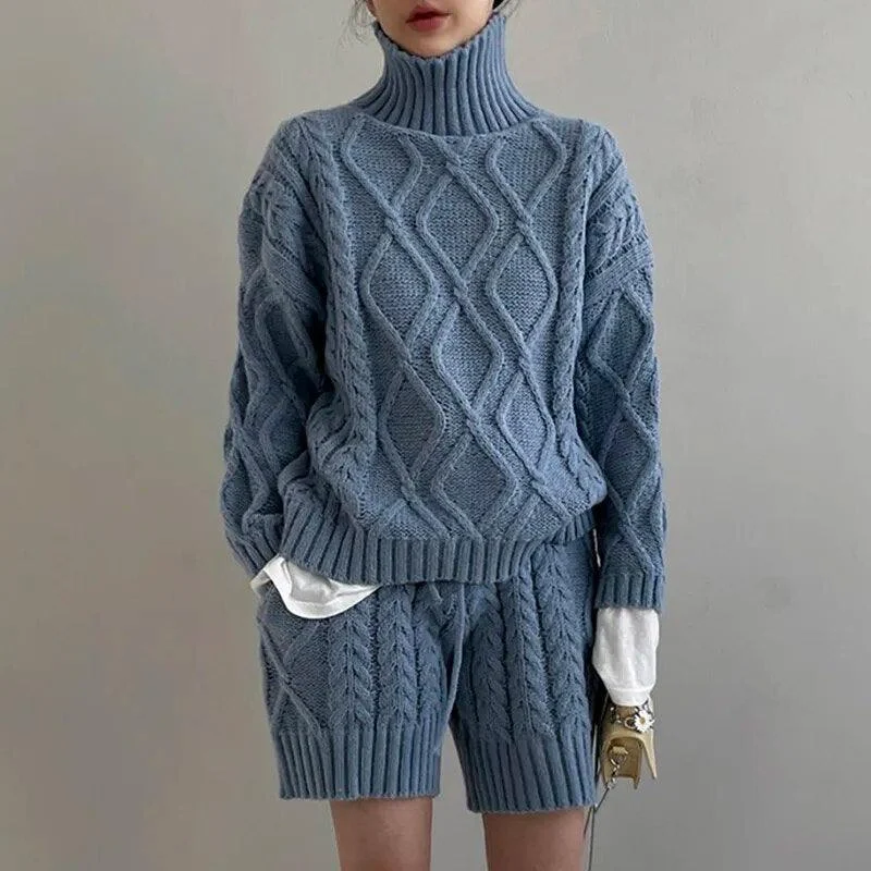 Hanka Cable Knit Turtleneck and Shorts Set - Glova