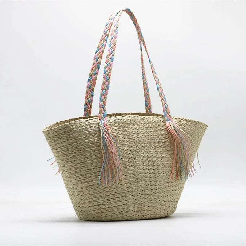 Hanni Pastel Braids Handle Straw Tote Bags - 2 Colors - Glova