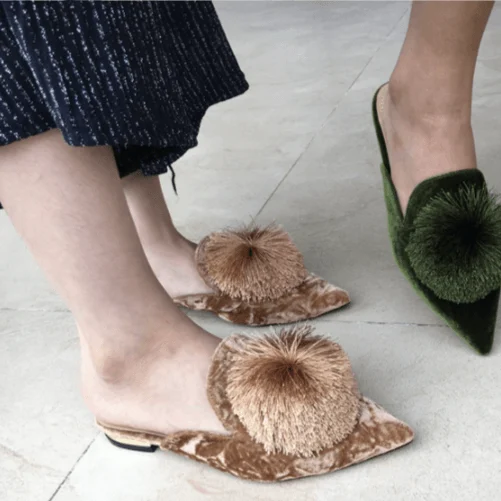 Harper Pom Pom Velvet Mules - Glova