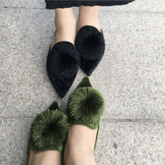 Harper Pom Pom Velvet Mules - Glova