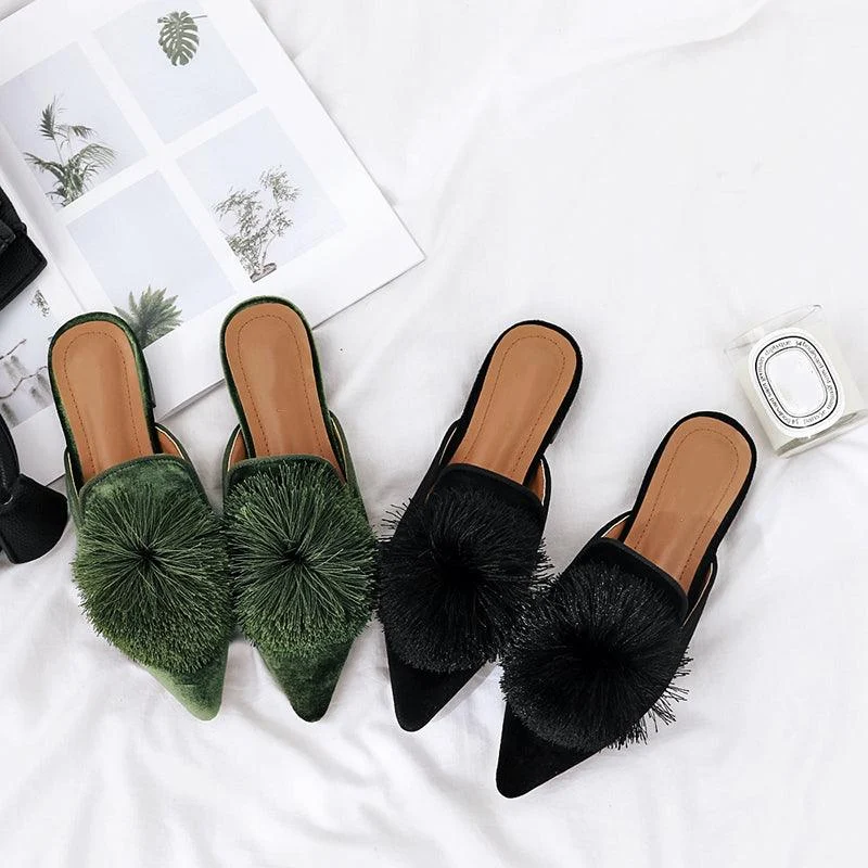 Harper Pom Pom Velvet Mules - Glova