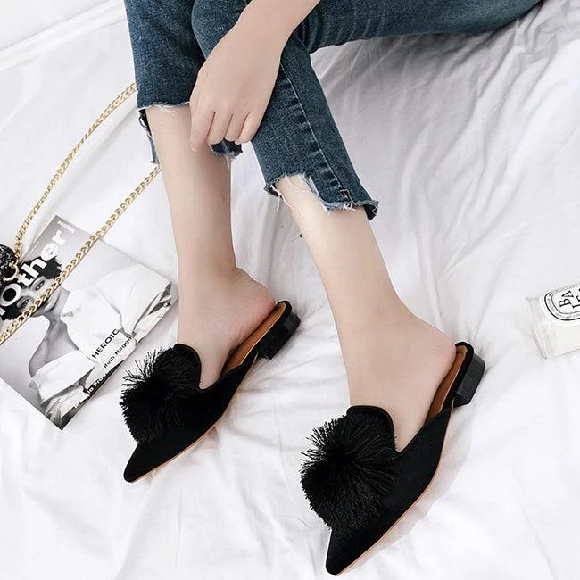 Harper Pom Pom Velvet Mules - Glova