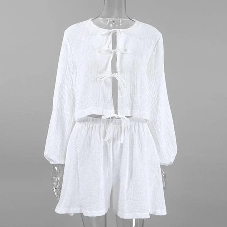 Heisey White Cotton Lacing Front Top and Shorts Set - Glova