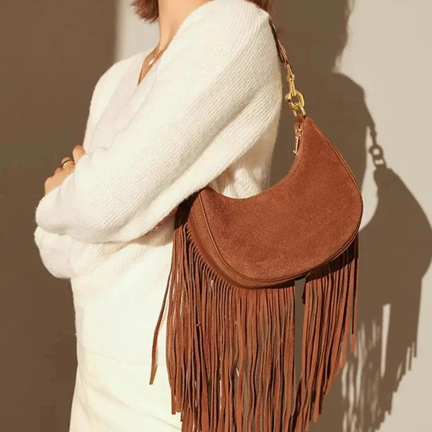 Hemi Tassel Fringed Suede Hobo Bag - Glova