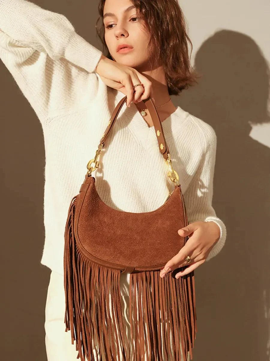 Hemi Tassel Fringed Suede Hobo Bag - Glova