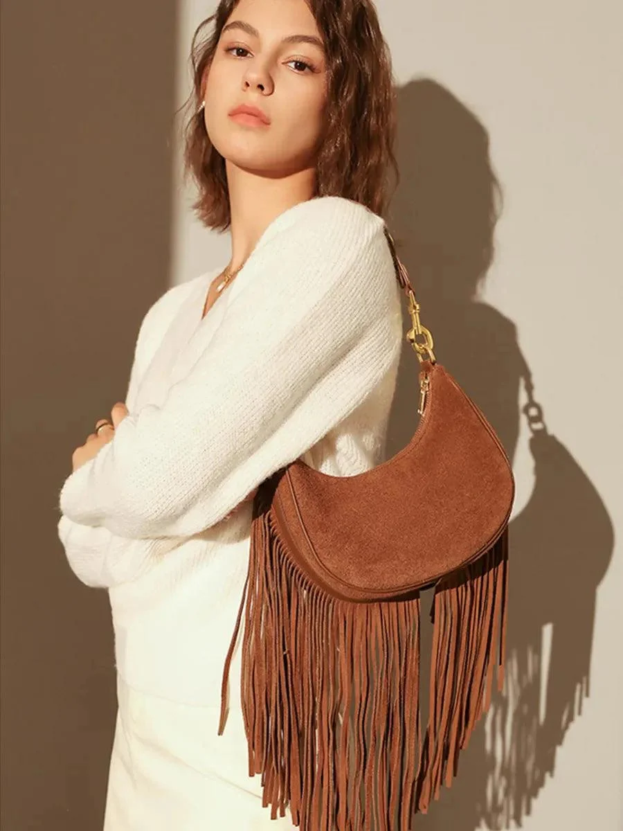 Hemi Tassel Fringed Suede Hobo Bag - Glova