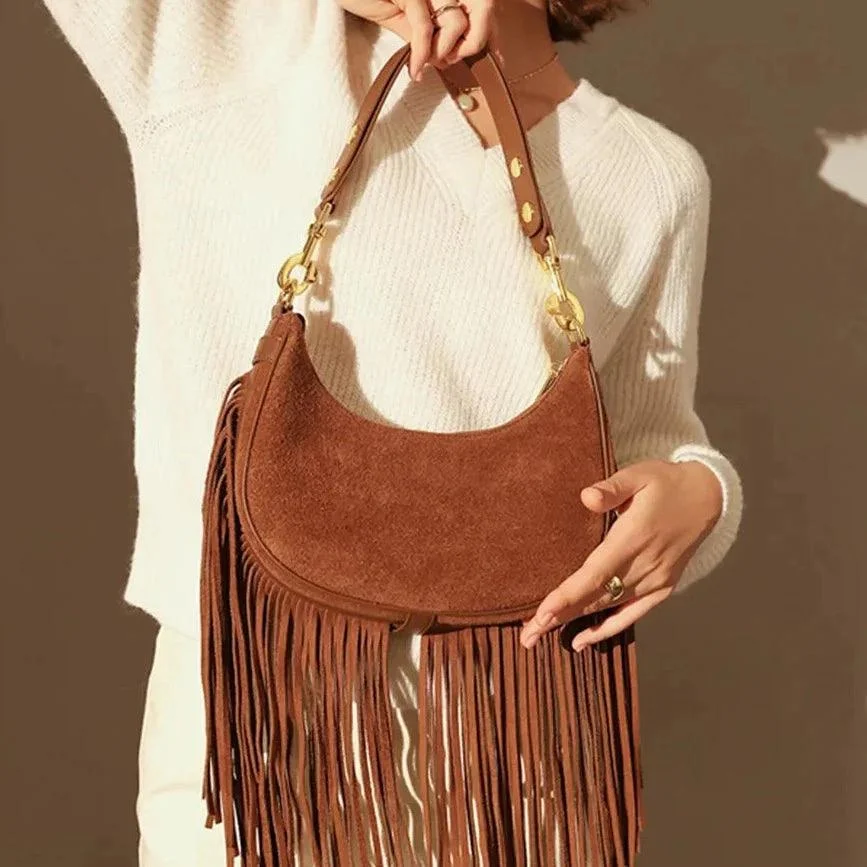 Hemi Tassel Fringed Suede Hobo Bag - Glova