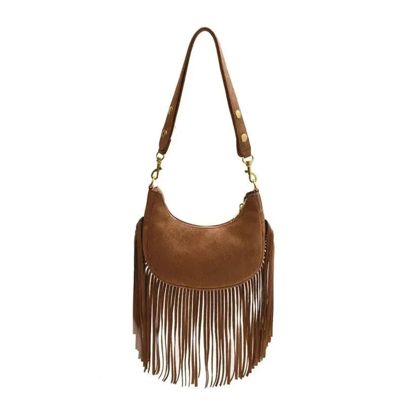 Hemi Tassel Fringed Suede Hobo Bag - Glova