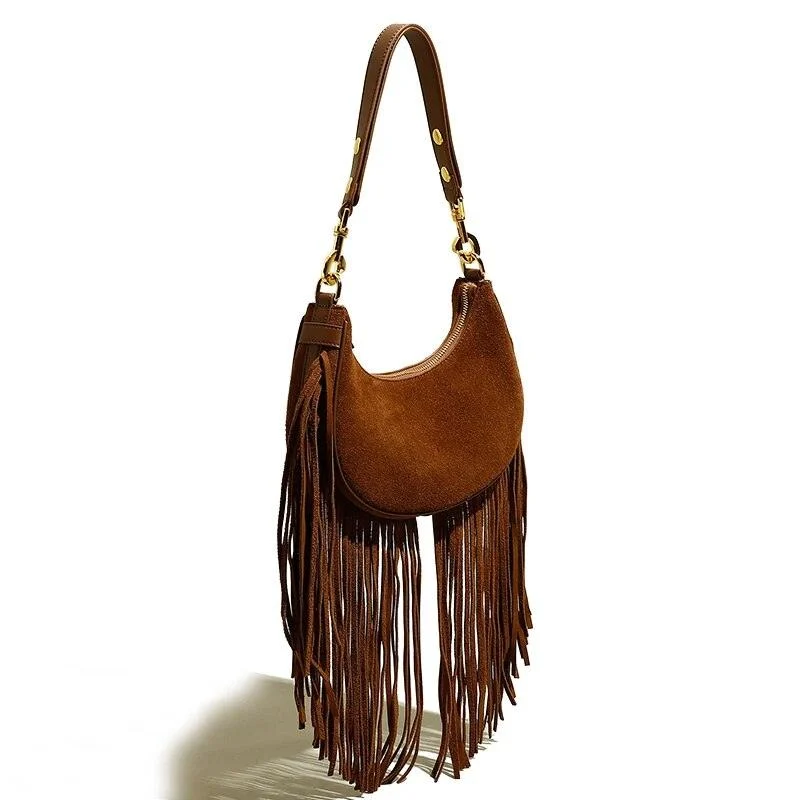 Hemi Tassel Fringed Suede Hobo Bag - Glova