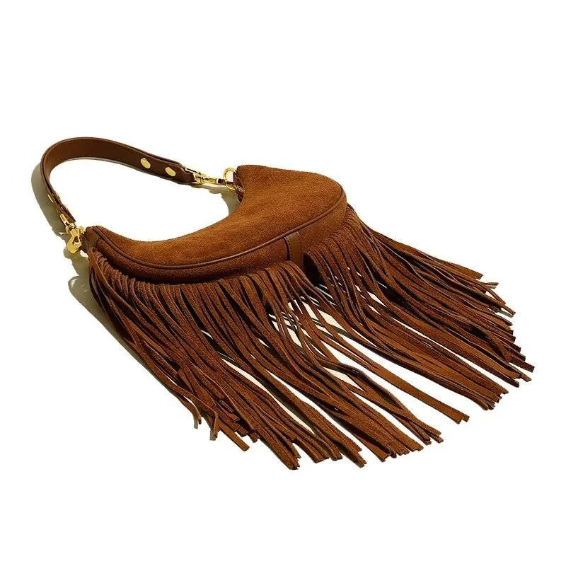 Hemi Tassel Fringed Suede Hobo Bag - Glova