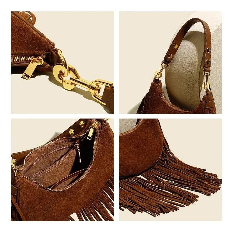 Hemi Tassel Fringed Suede Hobo Bag - Glova