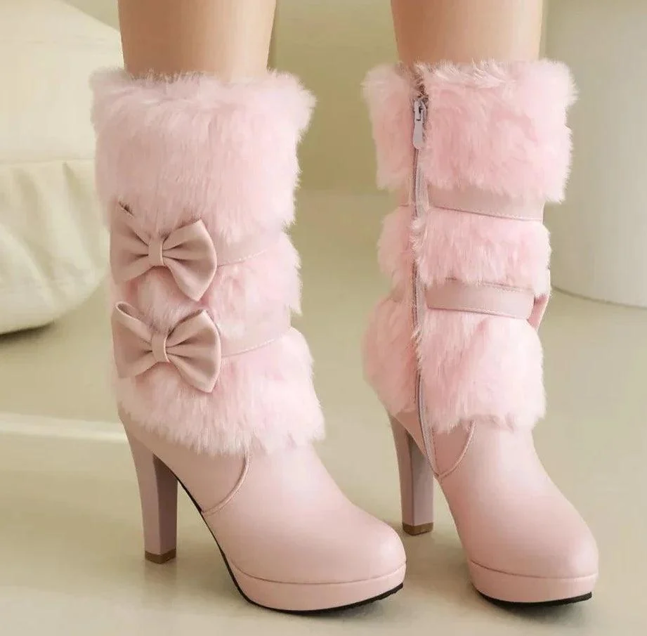 High Heel Boots Fur Tassel Bowtie Lolita Zip High Boots - Glova