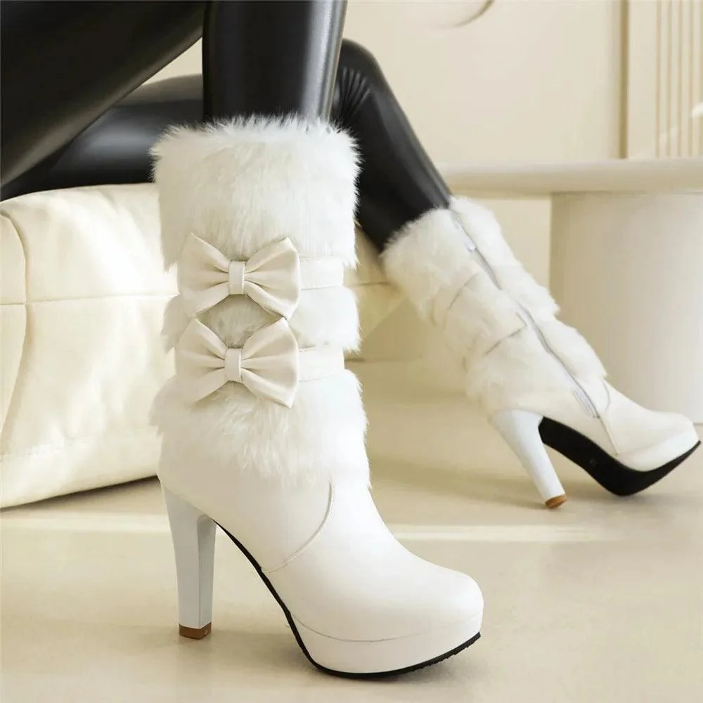 High Heel Boots Fur Tassel Bowtie Lolita Zip High Boots - Glova