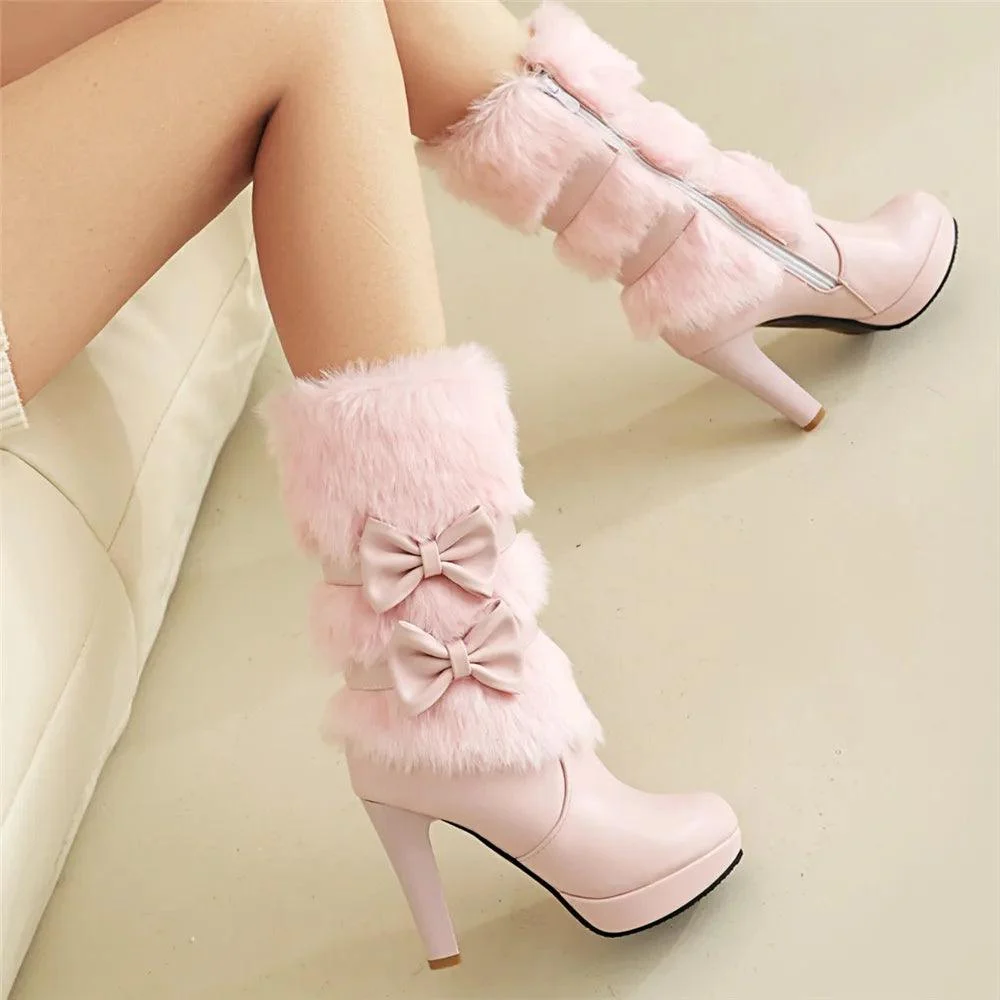 High Heel Boots Fur Tassel Bowtie Lolita Zip High Boots - Glova