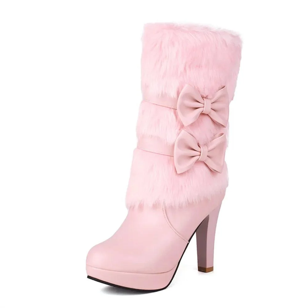 High Heel Boots Fur Tassel Bowtie Lolita Zip High Boots - Glova