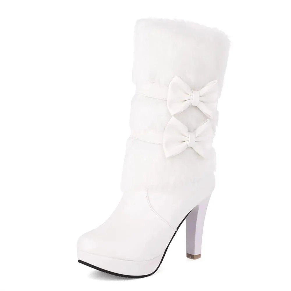 High Heel Boots Fur Tassel Bowtie Lolita Zip High Boots - Glova