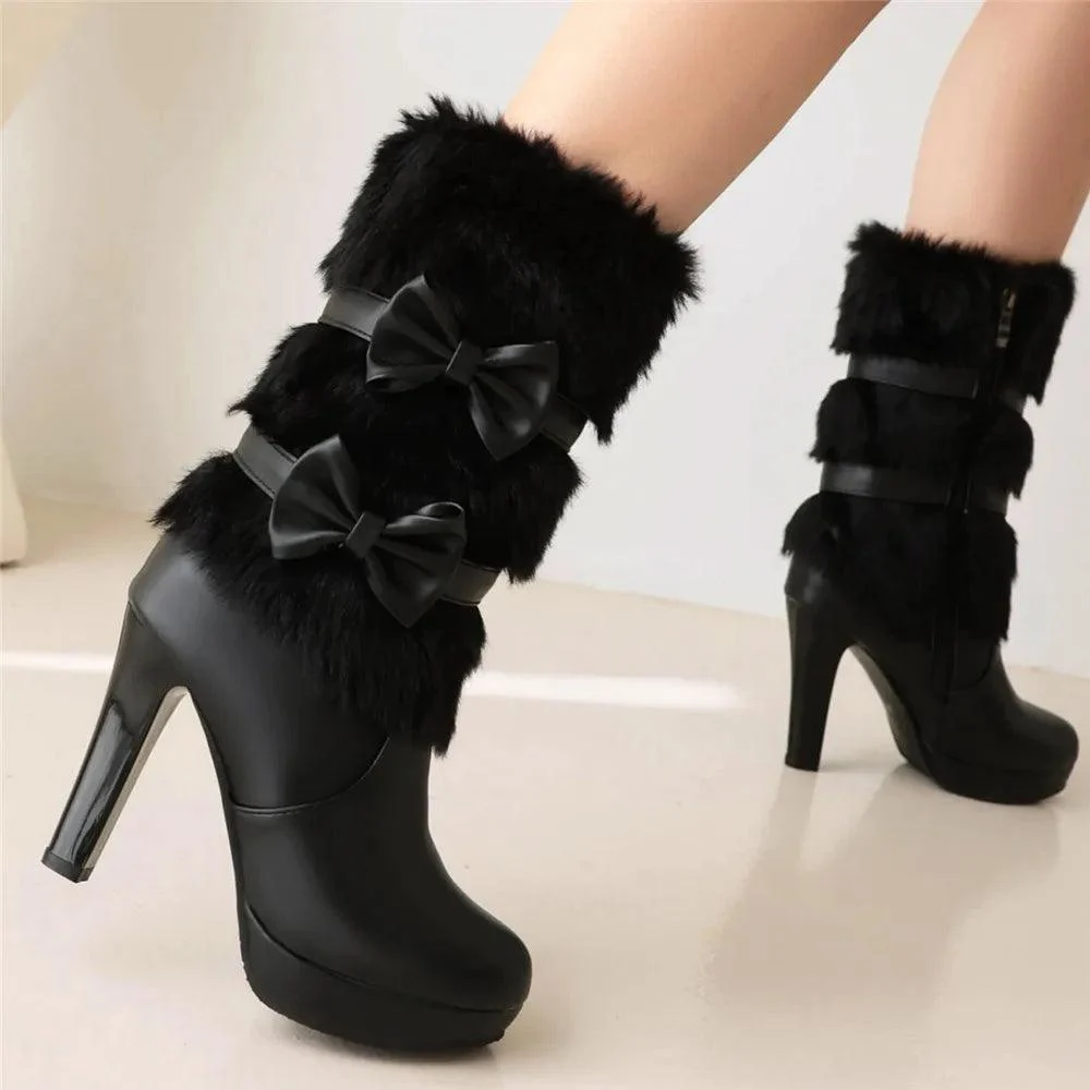 High Heel Boots Fur Tassel Bowtie Lolita Zip High Boots - Glova