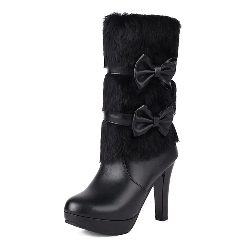 High Heel Boots Fur Tassel Bowtie Lolita Zip High Boots - Glova