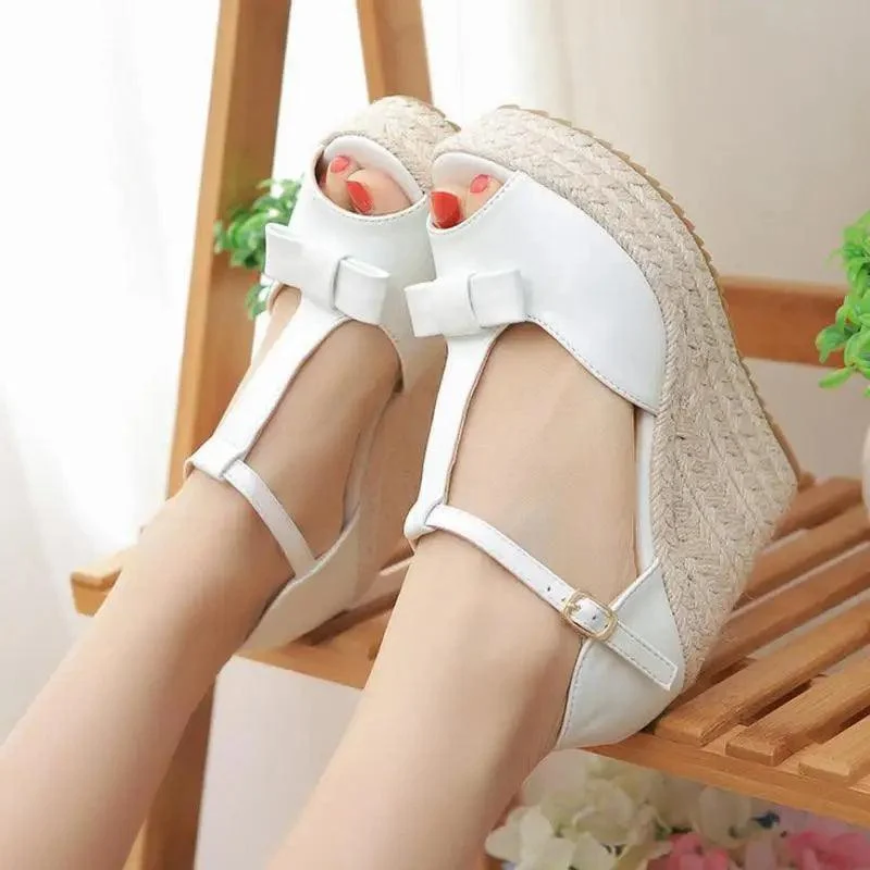 High Heel Wedges Peep Toe Linen Platform Sandals - Glova