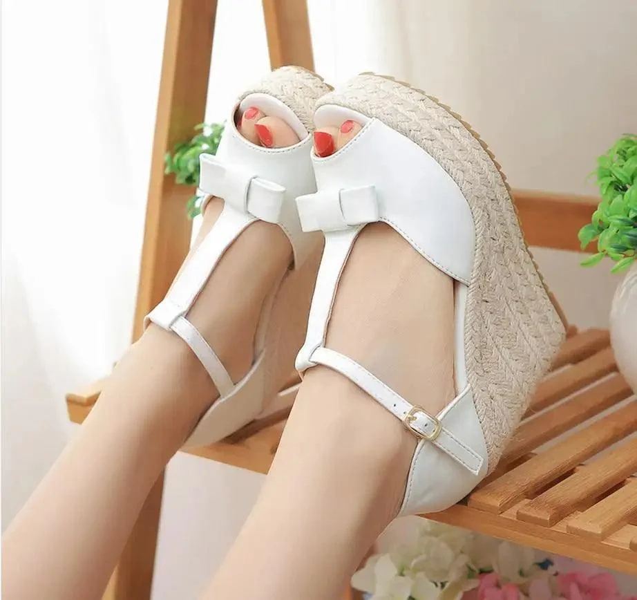 High Heel Wedges Peep Toe Linen Platform Sandals - Glova