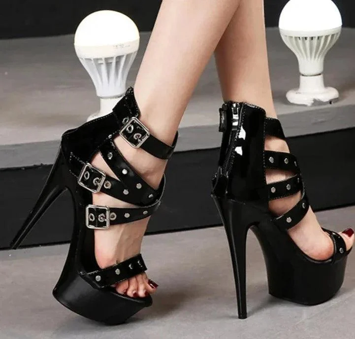 High Heels 15CM Rivet Ankle Strap Cover Zipper Pole Dancer Shoes - Glova