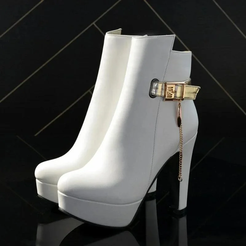 High Heels Buckle Platform Black White PU Leather Boots - Glova