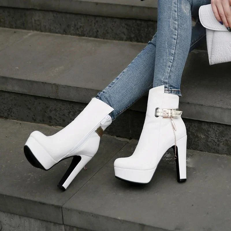 High Heels Buckle Platform Black White PU Leather Boots - Glova